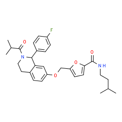 ChemSpider 2D Image | 5-({[1-(4-Fluorophenyl)-2-isobutyryl-1,2,3,4-tetrahydro-7-isoquinolinyl]oxy}methyl)-N-(3-methylbutyl)-2-furamide | C30H35FN2O4