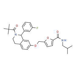 ChemSpider 2D Image | 5-({[2-(2,2-Dimethylpropanoyl)-1-(3-fluorophenyl)-1,2,3,4-tetrahydro-7-isoquinolinyl]oxy}methyl)-N-isobutyl-2-furamide | C30H35FN2O4