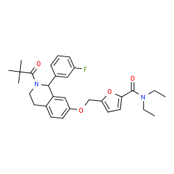 ChemSpider 2D Image | 5-({[2-(2,2-Dimethylpropanoyl)-1-(3-fluorophenyl)-1,2,3,4-tetrahydro-7-isoquinolinyl]oxy}methyl)-N,N-diethyl-2-furamide | C30H35FN2O4