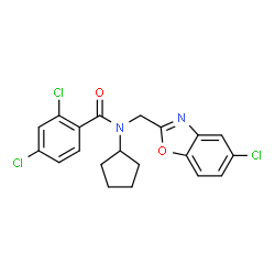 ChemSpider 2D Image | 2,4-Dichloro-N-[(5-chloro-1,3-benzoxazol-2-yl)methyl]-N-cyclopentylbenzamide | C20H17Cl3N2O2