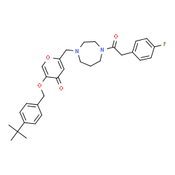 ChemSpider 2D Image | 2-({4-[(4-Fluorophenyl)acetyl]-1,4-diazepan-1-yl}methyl)-5-{[4-(2-methyl-2-propanyl)benzyl]oxy}-4H-pyran-4-one | C30H35FN2O4