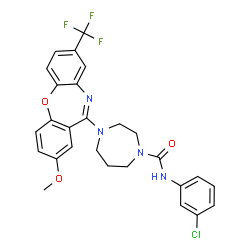 ChemSpider 2D Image | N-(3-Chlorophenyl)-4-[2-methoxy-8-(trifluoromethyl)dibenzo[b,f][1,4]oxazepin-11-yl]-1,4-diazepane-1-carboxamide | C27H24ClF3N4O3