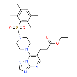 ChemSpider 2D Image | Ethyl 3-(5-methyl-7-{4-[(2,3,5,6-tetramethylphenyl)sulfonyl]-1-piperazinyl}[1,2,4]triazolo[1,5-a]pyrimidin-6-yl)propanoate | C25H34N6O4S