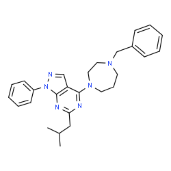 ChemSpider 2D Image | 4-(4-Benzyl-1,4-diazepan-1-yl)-6-isobutyl-1-phenyl-1H-pyrazolo[3,4-d]pyrimidine | C27H32N6