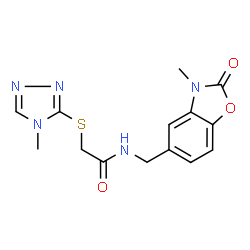 ChemSpider 2D Image | N-[(3-Methyl-2-oxo-2,3-dihydro-1,3-benzoxazol-5-yl)methyl]-2-[(4-methyl-4H-1,2,4-triazol-3-yl)sulfanyl]acetamide | C14H15N5O3S
