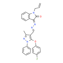ChemSpider 2D Image | (3E)-1-Allyl-3-[(2E)-{[5-(4-fluorophenoxy)-3-methyl-1-phenyl-1H-pyrazol-4-yl]methylene}hydrazono]-1,3-dihydro-2H-indol-2-one | C28H22FN5O2