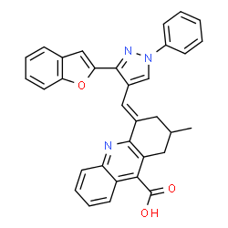 ChemSpider 2D Image | (4E)-4-{[3-(1-Benzofuran-2-yl)-1-phenyl-1H-pyrazol-4-yl]methylene}-2-methyl-1,2,3,4-tetrahydro-9-acridinecarboxylic acid | C33H25N3O3