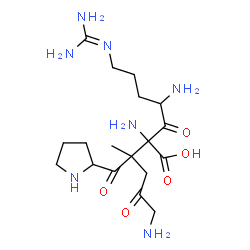 ChemSpider 2D Image | 2,4-Diamino-2-[5-amino-2-methyl-1,4-dioxo-1-(2-pyrrolidinyl)-2-pentanyl]-7-[(diaminomethylene)amino]-3-oxoheptanoic acid | C18H33N7O5