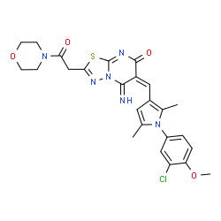 ChemSpider 2D Image | (6E)-6-{[1-(3-Chloro-4-methoxyphenyl)-2,5-dimethyl-1H-pyrrol-3-yl]methylene}-5-imino-2-[2-(4-morpholinyl)-2-oxoethyl]-5,6-dihydro-7H-[1,3,4]thiadiazolo[3,2-a]pyrimidin-7-one | C25H25ClN6O4S