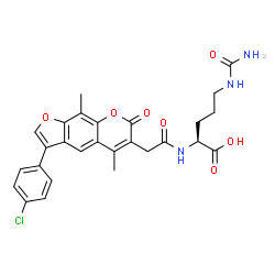 ChemSpider 2D Image | N~5~-Carbamoyl-N~2~-{[3-(4-chlorophenyl)-5,9-dimethyl-7-oxo-7H-furo[3,2-g]chromen-6-yl]acetyl}-L-ornithine | C27H26ClN3O7