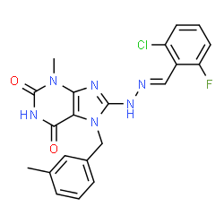 ChemSpider 2D Image | 8-[(2E)-2-(2-Chloro-6-fluorobenzylidene)hydrazino]-3-methyl-7-(3-methylbenzyl)-3,7-dihydro-1H-purine-2,6-dione | C21H18ClFN6O2