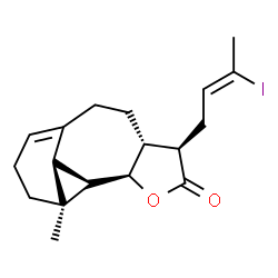 ChemSpider 2D Image | (3R,3aR,7S,7bR)-3-[(2Z)-3-Iodo-2-buten-1-yl]-7-methyloctahydro-2H-7,6-([1]propanyl[3]ylidene)cyclopropa[6,7]cyclohepta[1,2-b]furan-2-one | C18H23IO2