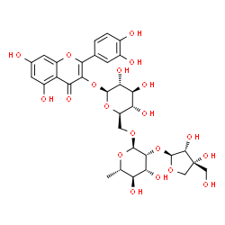 ChemSpider 2D Image | 2-(3,4-Dihydroxyphenyl)-5,7-dihydroxy-4-oxo-4H-chromen-3-yl 6-O-{6-deoxy-2-O-[(2S,3R,4R)-3,4-dihydroxy-4-(hydroxymethyl)tetrahydro-2-furanyl]-alpha-L-mannopyranosyl}-beta-D-glucopyranoside | C32H38O20