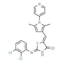 ChemSpider 2D Image | (5Z)-2-[(2,3-Dichlorophenyl)amino]-5-{[2,5-dimethyl-1-(4-pyridinyl)-1H-pyrrol-3-yl]methylene}-1,3-thiazol-4(5H)-one | C21H16Cl2N4OS