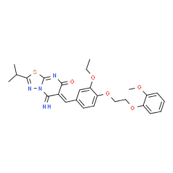 ChemSpider 2D Image | (6Z)-6-{3-Ethoxy-4-[2-(2-methoxyphenoxy)ethoxy]benzylidene}-5-imino-2-isopropyl-5,6-dihydro-7H-[1,3,4]thiadiazolo[3,2-a]pyrimidin-7-one | C26H28N4O5S