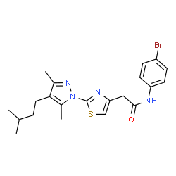 ChemSpider 2D Image | N-(4-Bromophenyl)-2-{2-[3,5-dimethyl-4-(3-methylbutyl)-1H-pyrazol-1-yl]-1,3-thiazol-4-yl}acetamide | C21H25BrN4OS