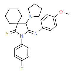 ChemSpider 2D Image | (3E)-2-(4-Fluorophenyl)-3-[(4-methoxyphenyl)imino]-4-(1-pyrrolidinyl)-2-azaspiro[4.5]decane-1-thione | C26H30FN3OS
