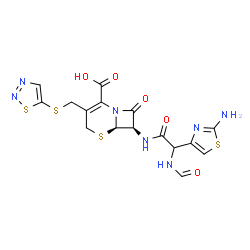 ChemSpider 2D Image | (6R,7R)-7-{[(2-Amino-1,3-thiazol-4-yl)(formamido)acetyl]amino}-8-oxo-3-[(1,2,3-thiadiazol-5-ylsulfanyl)methyl]-5-thia-1-azabicyclo[4.2.0]oct-2-ene-2-carboxylic acid | C16H15N7O5S4