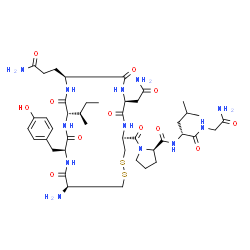 ChemSpider 2D Image | 1-{[(4S,7S,10S,13S,16S,19S)-19-Amino-7-(2-amino-2-oxoethyl)-10-(3-amino-3-oxopropyl)-13-[(2R)-butan-2-yl]-16-(4-hydroxybenzyl)-6,9,12,15,18-pentaoxo-1,2-dithia-5,8,11,14,17-pentaazacycloicosan-4-yl]carbonyl}-D-prolyl-D-leucylglycinamide | C43H66N12O12S2