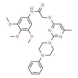 ChemSpider 2D Image | 2-{[6-Methyl-2-(4-phenyl-1-piperazinyl)-4-pyrimidinyl]oxy}-N-(3,4,5-trimethoxyphenyl)acetamide | C26H31N5O5