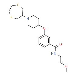 ChemSpider 2D Image | 3-{[1-(1,4-Dithiepan-6-yl)-4-piperidinyl]oxy}-N-(2-methoxyethyl)benzamide | C20H30N2O3S2