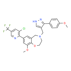 ChemSpider 2D Image | 7-[3-Chloro-5-(trifluoromethyl)-2-pyridinyl]-9-methoxy-4-{[3-(4-methoxyphenyl)-1H-pyrazol-4-yl]methyl}-2,3,4,5-tetrahydro-1,4-benzoxazepine | C27H24ClF3N4O3