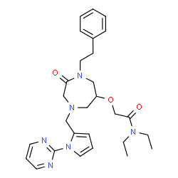 ChemSpider 2D Image | N,N-Diethyl-2-{[2-oxo-1-(2-phenylethyl)-4-{[1-(2-pyrimidinyl)-1H-pyrrol-2-yl]methyl}-1,4-diazepan-6-yl]oxy}acetamide | C28H36N6O3