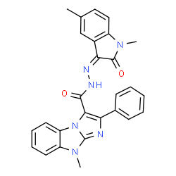 ChemSpider 2D Image | N'-[(3Z)-1,5-Dimethyl-2-oxo-1,2-dihydro-3H-indol-3-ylidene]-9-methyl-2-phenyl-9H-imidazo[1,2-a]benzimidazole-3-carbohydrazide | C27H22N6O2