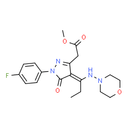 ChemSpider 2D Image | Methyl {(4E)-1-(4-fluorophenyl)-4-[1-(4-morpholinylamino)propylidene]-5-oxo-4,5-dihydro-1H-pyrazol-3-yl}acetate | C19H23FN4O4