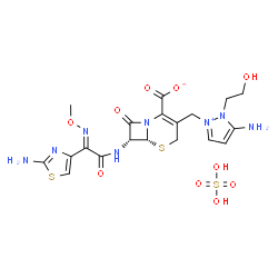 ChemSpider 2D Image | (6R,7R)-3-{[5-Amino-1-(2-hydroxyethyl)-1H-pyrazol-2-ium-2-yl]methyl}-7-{[(2E)-2-(2-amino-1,3-thiazol-4-yl)-2-(methoxyimino)acetyl]amino}-8-oxo-5-thia-1-azabicyclo[4.2.0]oct-2-ene-2-carboxylate sulfate (1:1) | C19H24N8O10S3