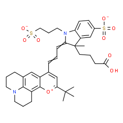 ChemSpider 2D Image | (2E)-3-(3-Carboxypropyl)-3-methyl-2-{(2E)-3-[11-(2-methyl-2-propanyl)-2,3,6,7-tetrahydro-1H,5H-pyrano[2,3-f]pyrido[3,2,1-ij]quinolin-12-ium-9-yl]-2-propen-1-ylidene}-1-(3-sulfonatopropyl)-5-indolinesu
lfonate | C38H45N2O9S2
