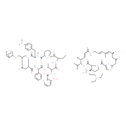 ChemSpider 2D Image | N-{18-[(1-Azabicyclo[2.2.2]oct-3-ylsulfanyl)methyl]-22-[4-(dimethylamino)benzyl]-6-ethyl-10,23-dimethyl-5,8,12,15,17,21,24-heptaoxo-13-phenyldocosahydro-12H-pyrido[2,1-f]pyrrolo[2,1-l][1,4,7,10,13,16]
oxapentaazacyclononadecin-9-yl}-3-hydroxy-2-pyridinecarboxamide - (6R,10R,11R,12E,17E,19E,21S)-6-{[2-(diethylamino)ethyl]sulfonyl}-21-hydroxy-10-isopropyl-11,19-dimethyl-9,26-dioxa-3,15,28-triazatricy
clo[23.2.1.0~3,7~]octacosa-1(27),12,17,19,25 | C87H117N13O19S2