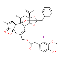 ChemSpider 2D Image | [(1R,2R,6R,10S,11R,15R,17R)-13-Benzyl-6-hydroxy-15-isopropenyl-4,17-dimethyl-5-oxo-12,14,18-trioxapentacyclo[11.4.1.0~1,10~.0~2,6~.0~11,15~]octadeca-3,8-dien-8-yl]methyl (4-hydroxy-2-iodo-3-methoxyphe
nyl)acetate | C37H39IO9