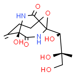 ChemSpider 2D Image | (6R)-6-Hydroxy-5-methylene-1-[(1S,2S)-1,2,3-trihydroxy-2-methylpropyl]-2-oxa-7,9-diazabicyclo[4.2.2]decane-8,10-dione | C12H18N2O7