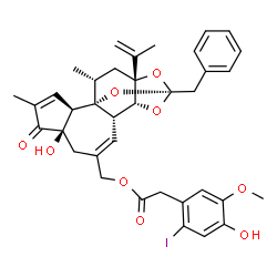 ChemSpider 2D Image | [(1R,2R,6R,10S,11R,13S,15R,17R)-13-Benzyl-6-hydroxy-15-isopropenyl-4,17-dimethyl-5-oxo-12,14,18-trioxapentacyclo[11.4.1.0~1,10~.0~2,6~.0~11,15~]octadeca-3,8-dien-8-yl]methyl (4-hydroxy-2-iodo-5-methox
yphenyl)acetate | C37H39IO9