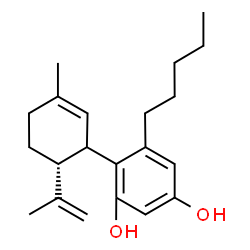 ChemSpider 2D Image | 4-[(6R)-6-Isopropenyl-3-methyl-2-cyclohexen-1-yl]-5-pentyl-1,3-benzenediol | C21H30O2