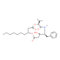ChemSpider 2D Image | (2S,5S,6R,10R)-5-Benzyl-10-heptyl-6-hydroxy-2-isopropyl-4-methyl-1,9-dioxa-4-azacyclododecane-3,8,12-trione | C27H41NO6