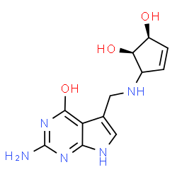 ChemSpider 2D Image | 2-Amino-5-({[(4S,5R)-4,5-dihydroxy-2-cyclopenten-1-yl]amino}methyl)-1,7-dihydro-4H-pyrrolo[2,3-d]pyrimidin-4-one | C12H15N5O3