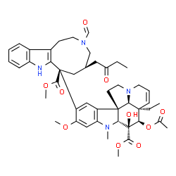 ChemSpider 2D Image | Methyl (2beta,4beta,5alpha,12beta,19alpha)-4-acetoxy-15-[(5R,7S)-3-formyl-7-(methoxycarbonyl)-5-(2-oxobutyl)-1,2,3,4,5,6,7,8-octahydroazonino[5,4-b]indol-7-yl]-3-hydroxy-16-methoxy-1-methyl-6,7-didehy
droaspidospermidine-3-carboxylate | C46H56N4O10
