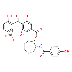 ChemSpider 2D Image | 2-{2,6-Dihydroxy-4-[({(3R)-3-[(4-hydroxybenzoyl)amino]-4-azepanyl}oxy)carbonyl]benzoyl}-3-hydroxybenzoic acid | C28H26N2O10