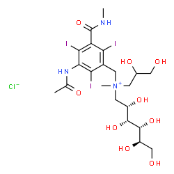 ChemSpider 2D Image | 1-{[3-Acetamido-2,4,6-triiodo-5-(methylcarbamoyl)benzyl](2,3-dihydroxypropyl)methylammonio}-1-deoxy-D-glucitol chloride | C21H33ClI3N3O9