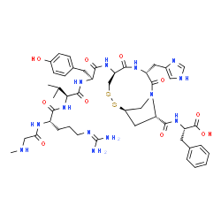 ChemSpider 2D Image | N-Methylglycyl-L-arginyl-L-valyl-N-[(3R,6S,10R,12S)-12-{[(1S)-1-carboxy-2-phenylethyl]carbamoyl}-3-(1H-imidazol-4-ylmethyl)-2,5-dioxo-8,9-dithia-1,4-diazabicyclo[8.2.1]tridec-6-yl]-L-tyrosinamide | C46H63N13O10S2
