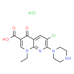 ChemSpider 2D Image | 6-Chloro-1-ethyl-4-oxo-7-(1-piperazinyl)-1,4-dihydro-1,8-naphthyridine-3-carboxylic acid hydrochloride (1:1) | C15H18Cl2N4O3