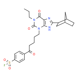 ChemSpider 2D Image | 4-{5-[8-(Bicyclo[2.2.1]hept-2-yl)-2,6-dioxo-1-propyl-1,2,6,7-tetrahydro-3H-purin-3-yl]pentanoyl}benzenesulfonyl fluoride | C26H31FN4O5S