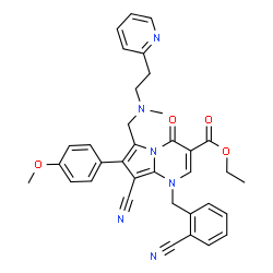 ChemSpider 2D Image | Ethyl 8-cyano-1-(2-cyanobenzyl)-7-(4-methoxyphenyl)-6-({methyl[2-(2-pyridinyl)ethyl]amino}methyl)-4-oxo-1,4-dihydropyrrolo[1,2-a]pyrimidine-3-carboxylate | C35H32N6O4
