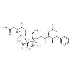 ChemSpider 2D Image | (6R,7R)-1-[(4S,5R)-4-Acetoxy-5-methyl-3-methylene-6-phenylhexyl]-6-[(3-carboxypropanoyl)oxy]-4,7-dihydroxy-2,8-dioxabicyclo[3.2.1]octane-3,4,5-tricarboxylic acid | C29H34O16