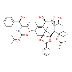 ChemSpider 2D Image | (2alpha,7beta,10beta,13alpha)-4-(acetyloxy)-2-(benzoyloxy)-1,7,10-trihydroxy-9-oxo-5,20-epoxytax-11-en-13-yl (betaR)-N-(tert-butoxycarbonyl)-beta-hydroxy-D-phenylalaninate | C43H53NO14