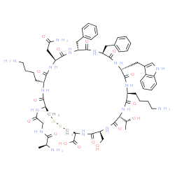 ChemSpider 2D Image | (4R,5E,7S,8E,10R,11E,13S,14E,16R,17E,19S,20E,22R,23E,25S,26E,28R,29E,31S)-13,28-Bis(4-aminobutyl)-31-[(E)-(2-{(Z)-[(2S)-2-amino-1-hydroxypropylidene]amino}-1-hydroxyethylidene)amino]-19,22-dibenzyl-6,
9,12,15,18,21,24,27,30-nonahydroxy-10-[(1R)-1-hydroxyethyl]-25-(2-hydroxy-2-iminoethyl)-7-(hydroxymethyl)-16-(1H-indol-3-ylmethyl)-1,2-dithia-5,8,11,14,17,20,23,26,29-nonaazacyclodotriaconta-5,8,11,14
,17,20,23,26,29-nonaene-4-carboxylic acid | C63H88N16O16S2