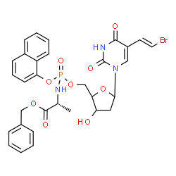 ChemSpider 2D Image | Benzyl (2R)-2-({[(5-{5-[(E)-2-bromovinyl]-2,4-dioxo-3,4-dihydro-1(2H)-pyrimidinyl}-3-hydroxytetrahydro-2-furanyl)methoxy](1-naphthyloxy)phosphoryl}amino)propanoate | C31H31BrN3O9P