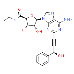 ChemSpider 2D Image | (2S,3S,4R,5R)-5-{6-Amino-2-[(3S)-3-hydroxy-3-phenyl-1-propyn-1-yl]-9H-purin-9-yl}-N-ethyl-3,4-dihydroxytetrahydro-2-furancarboxamide | C21H22N6O5